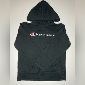 CHAMPION BLACK HOODIE SIZE LARGE, FITS MEDIUM